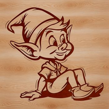 A small, cheerful Christmas elf sitting on a snowy branch.
