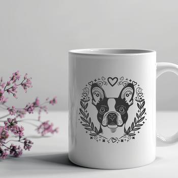 A detailed, ornate illustration of a Boston Terrier's head.