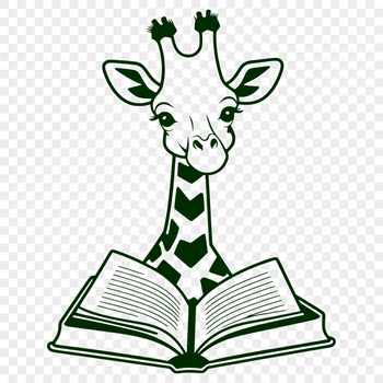 A tall mammal with spotted fur reading a book in a savannah landscape.