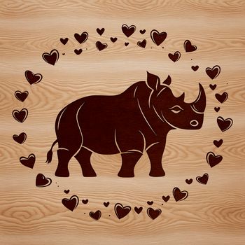 A rhinoceros in a safari setting surrounded by heart shapes.