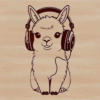 A simple line art illustration of a friendly alpaca wearing headphones.