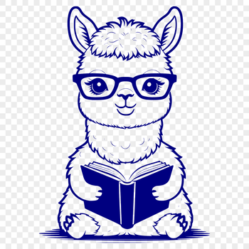 An illustration of a domesticated South American camelid animal, reading a book in a serene outdoor setting.