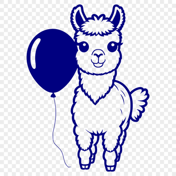 A cartoon alpaca standing next to a red balloon.