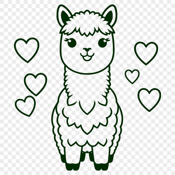 An illustration of a happy alpaca surrounded by love hearts.