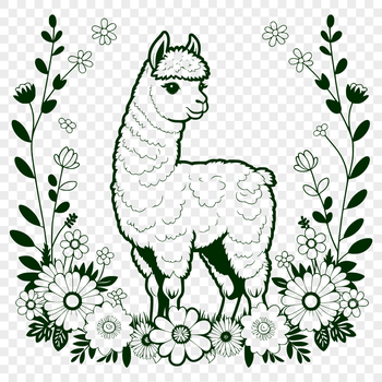 A high-quality digital illustration of a friendly alpaca surrounded by flowers.