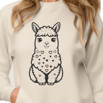 A simple line drawing of an alpaca with heart symbols around it.