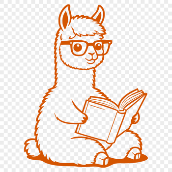 An illustration of an alpaca reading a book, suitable for vector art designs.