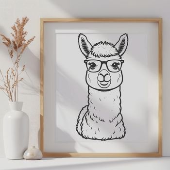An alpaca wearing a pair of glasses in a whimsical illustration.