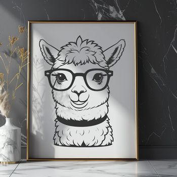 A close-up illustration of a domesticated South American camelid wearing spectacles.