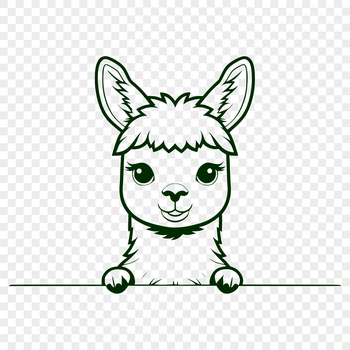 Close-up illustration of a curious alpaca peeking through the foliage.