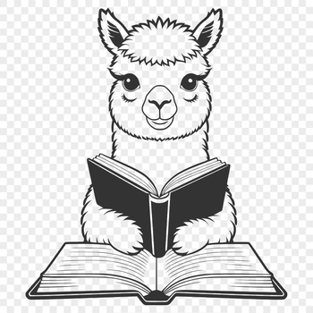 An illustration of a South American camelid animal sitting on the ground with a book in its front legs.