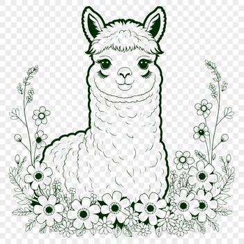 A digital illustration of a fluffy Alpaca in a floral setting.