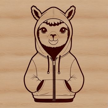 A digital illustration of a standing alpaca wearing a hood or sweater.