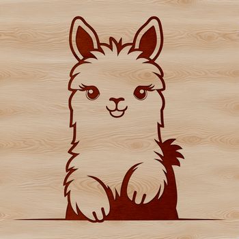 A detailed illustration of a friendly alpaca looking out from behind a fence.