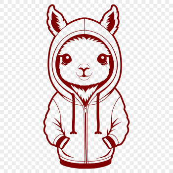 An illustration of a friendly-looking alpaca wearing a hood, suitable for vector designs.