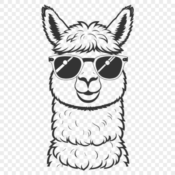 An illustration of a happy alpaca wearing sunglasses, created in vector format for easy editing and customization.