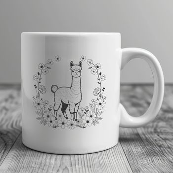 An illustration of an alpaca amidst a floral background.