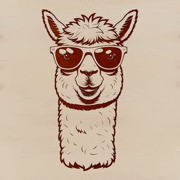 A South American camelid animal wearing trendy sunglasses and smiling.