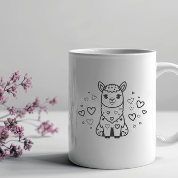A stylized illustration of a friendly alpaca surrounded by love hearts, suitable for personal or commercial projects.