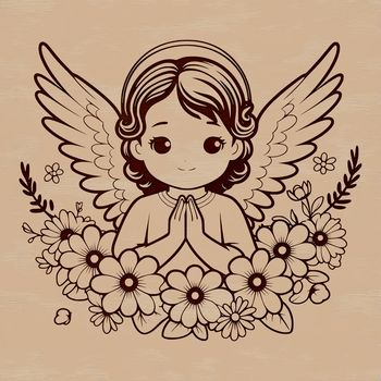 A minimalist vector illustration of a winged angel surrounded by floral motifs.