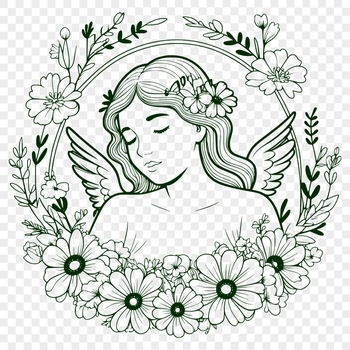 An illustration of a serene angel surrounded by floral elements.