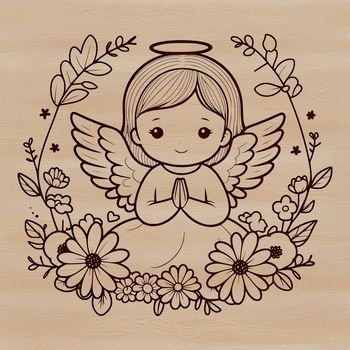 A stylized illustration of a gentle angel surrounded by floral elements, designed as vector art.