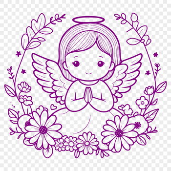 A white angel with wings surrounded by floral elements in a vector design format.