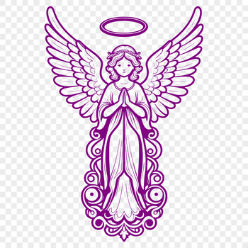 A stylized illustration of a winged celestial being with halos and robes.
