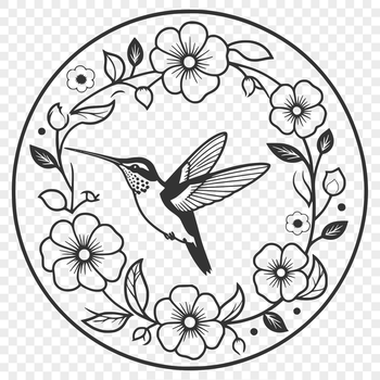 A small, colorful hummingbird perched on a flower, with intricate details and vector lines.