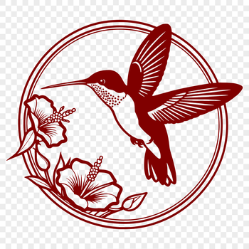 An illustration of a small bird with iridescent feathers, hovering near a cluster of flowers.