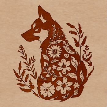 A stylized illustration of a sitting Husky dog amidst a floral background.