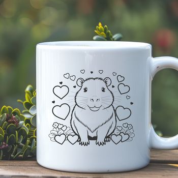 A cute illustration of a capybara with love hearts surrounding its body.