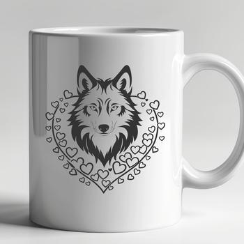 A stylized illustration of a wolf's head with heart symbols surrounding its features.