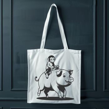A cartoon illustration of a monkey-pig hybrid in a playful pose.