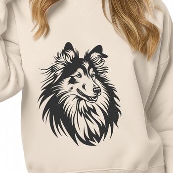 A close-up illustration of a Shetland sheepdog's head, featuring a detailed portrait of the breed.