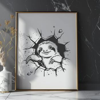 A vector illustration of a sloth hanging from a tree branch.