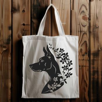 Close-up illustration of a Doberman Pinscher's head with ornate floral patterns in the background.