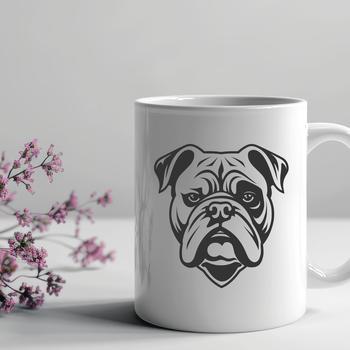 An illustration of a Bulldog's head with wrinkled skin and a pushed-in nose.
