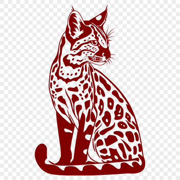 A detailed illustration of a sitting ocelot from the side, showcasing its fur and facial features.