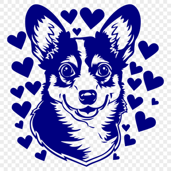 A vector illustration of a smiling Welsh Corgi's head with love hearts surrounding it.
