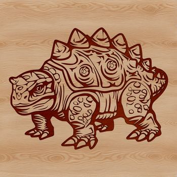 A prehistoric ankylosaurus dinosaur with armored plates and a club-like tail.