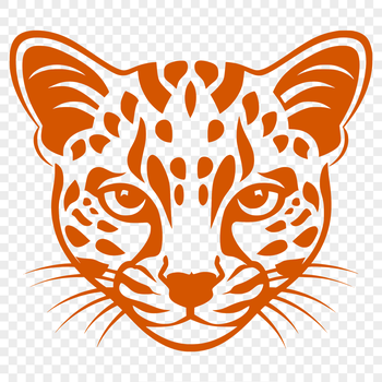 A close-up illustration of an ocelot's head, featuring distinctive facial markings.