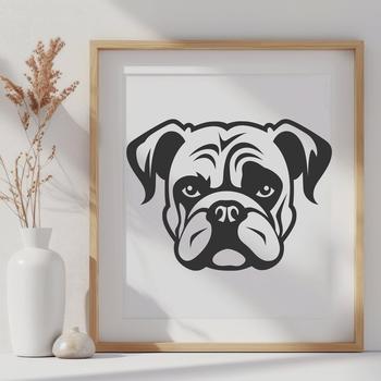 Close-up illustration of a bulldog's head with facial features.