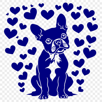 A stylized vector illustration of a Boston Terrier in a sitting position, surrounded by love hearts.