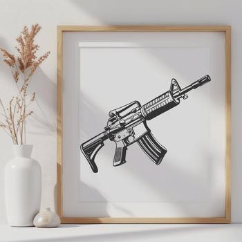 An SVG design of a modern assault rifle, ideal for use in graphic projects and commercial applications.