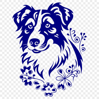 A detailed illustration of an Australian Shepherd dog's head.