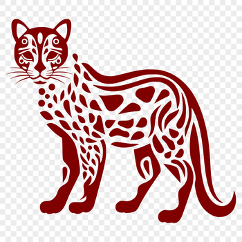 A close-up illustration of a standing ocelot in full body view, showcasing its distinctive markings.