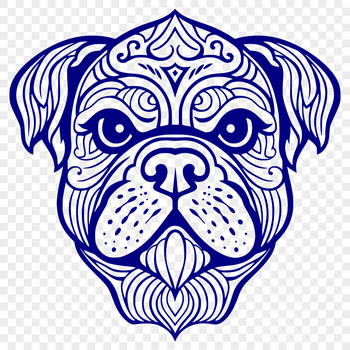 A stylized illustration of a bulldog's head with an ornate design.