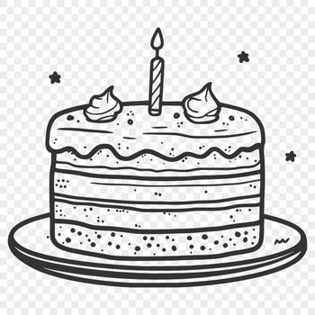 A digital illustration of a multi-tiered birthday cake with candles and decorations.