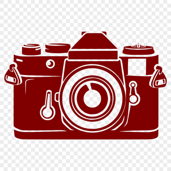 A digital camera illustration with bold lines and simple shapes.